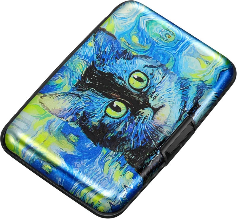 ELFISH Mini RFID Aluminum Wallet Credit Cards Holder Business Card Case Metal ID Case for Men Women(Blue Cat) - Image 1